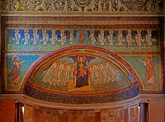 Ostende und Apsis: Christus und 12 Apostel, Moses und Elias unten: in der Apsis sind die Jungfrau und das Kind mit Spender (Papst Paschal) und Engel